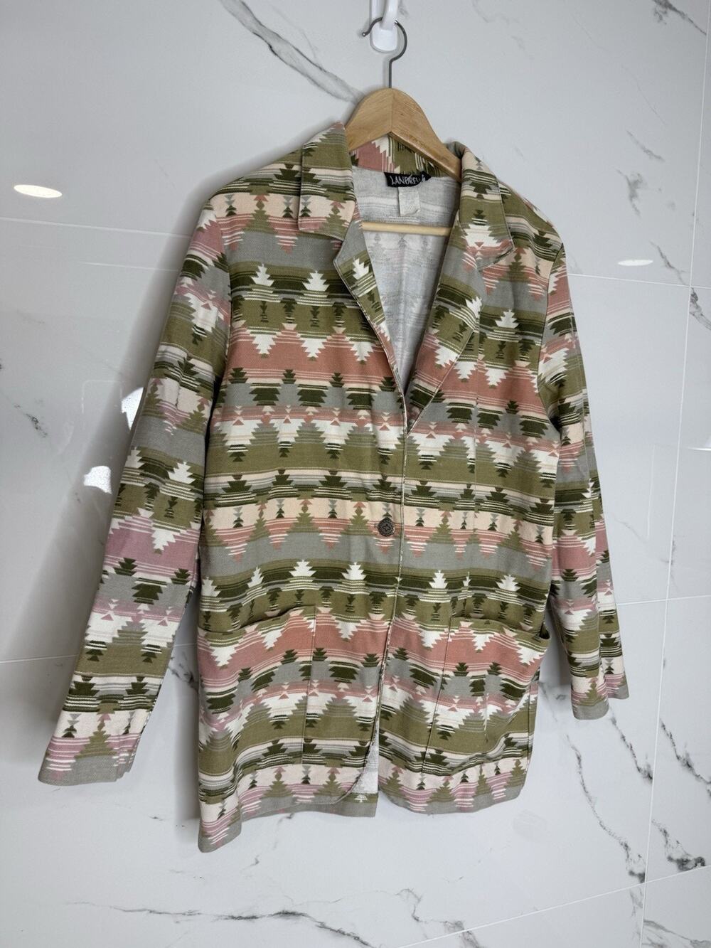Vintage Oversized Denim Blazer Jacket Women Sz M Southwest Aztec Print 90's USA